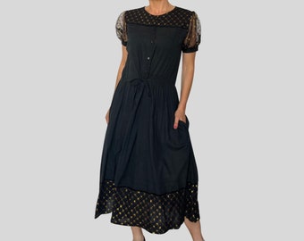 Vintage Women Gold and Black Long Dress by Nitya London - Short Sleeves Cotton dress with pockets - 1990s - Size S/ M