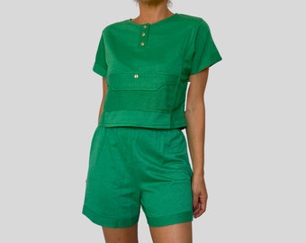 Vintage Old Stock Damen Zwei Stück grünes Set - Kurzarm Shirt & Shorts Set - Sommer Zwei Stück mit Etikett - 1990er Jahre - Größe XS/ S