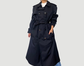 Vintage Woman Blue Long Trench Coat with belt - Men's Preppy Waterproof Trench coat - Double Breasted blue jacket - Size XL/ XXL - 1990s