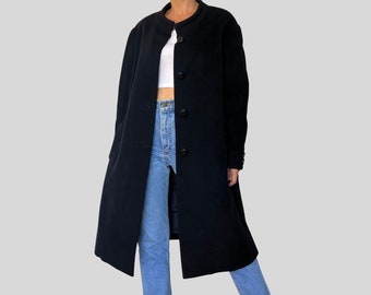 Cappotto lungo da donna vintage in lana nera - Giacca in lana con maniche a sbuffo - soprabito nero - anni '90 - Taglia M - Condizioni vintage eccellenti