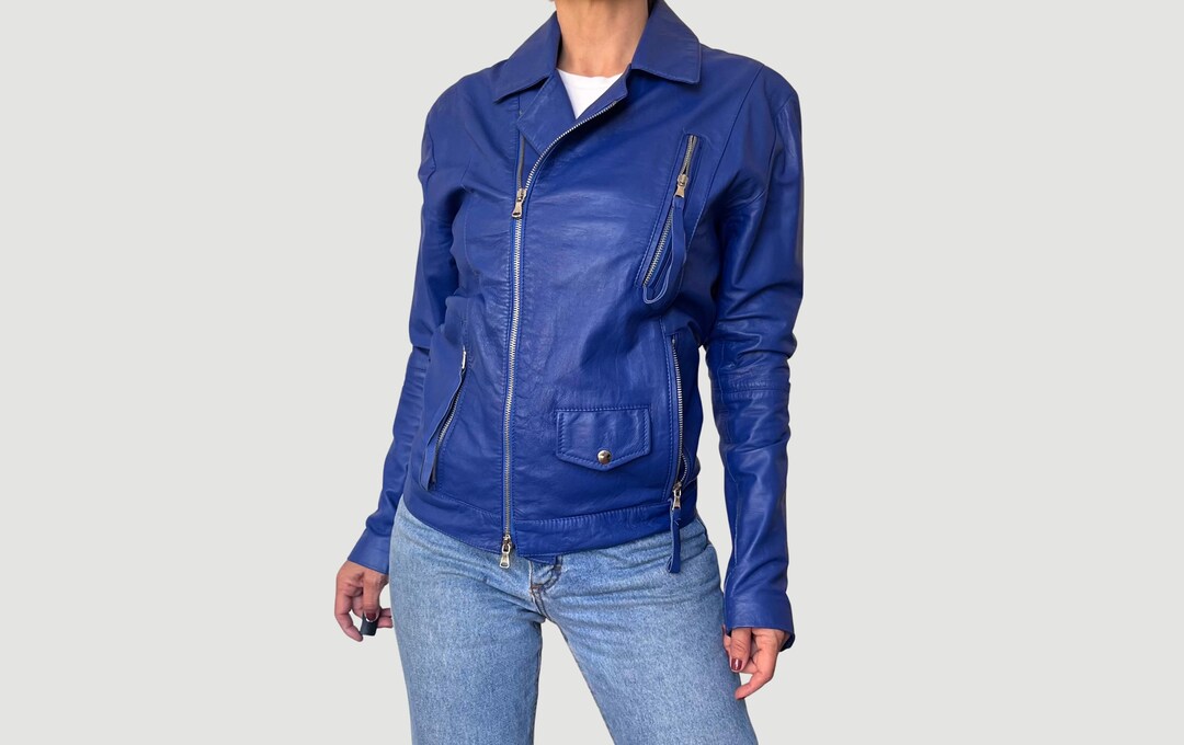 Blouson Motard Homme En Cuir Véritable Bleu Zayn Leather - Slim Fit, Vintage, Doublure Polyester, Fait Main En Inde