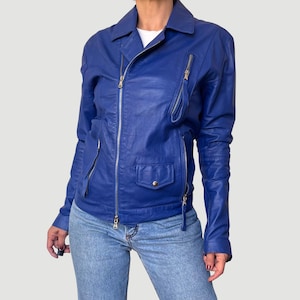 Vintage Woman  Blue biker Leather jacket - Crop Motorcycle Biker jacket - Lightweight leather jacket - Size S/M - 00s