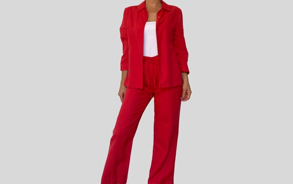 Vintage Woman Two Pieces Red Linen Suit Blouse & Pants Red Suit  