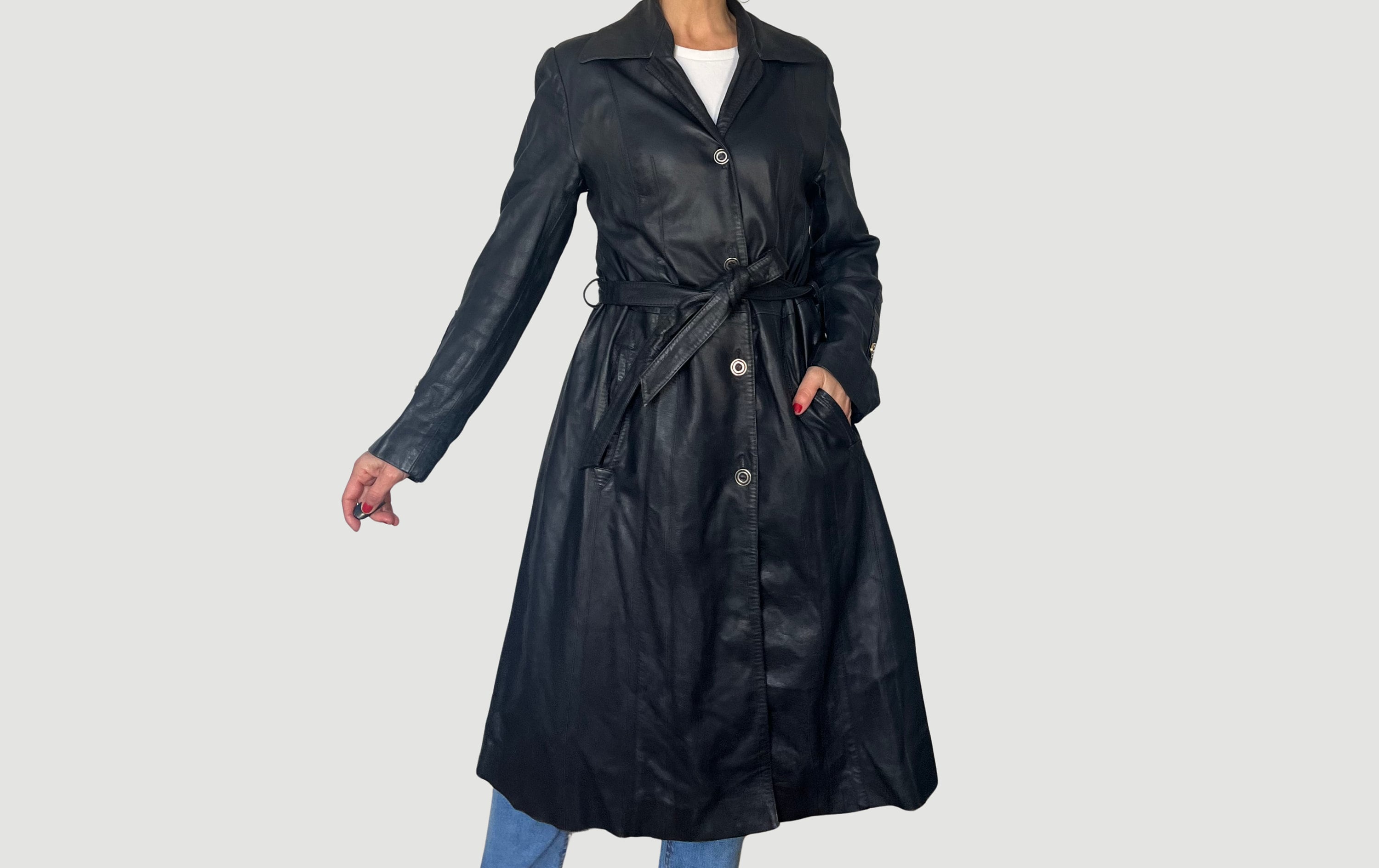 【希少品】Vintage Leather Long Trench Coat Vintage Black Leather Long Trench Coat. Originally Women's Size S