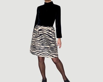 Vintage 90s Black Velvet Dress: Zebra Print Skirt, Size S