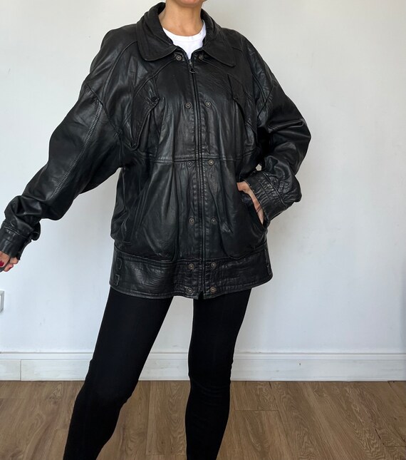 ジャケット・アウター 80s vintage leather bomber jacket y2k Vintage 80s Oversized Black Leather Bomber Jacket - Unisex 2XL - Etsy