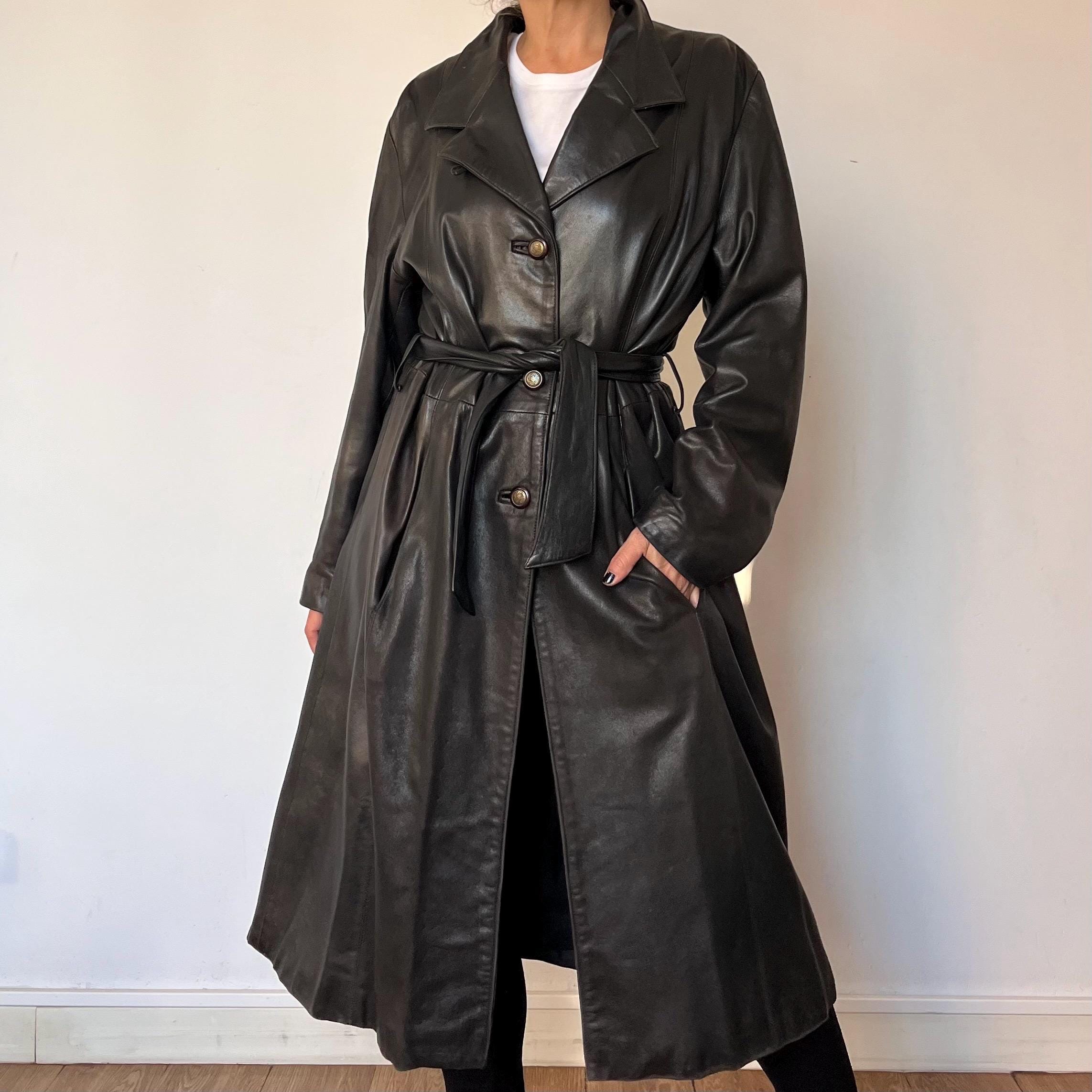 Vintage 90s Dark Brown Leather Trench Coat - Fitted Long Jacket