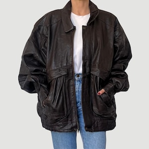 Vintage Brown Leather Bomber Jacket - Oversized 2XL - 1980s