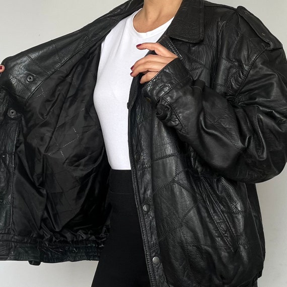 Vintage 1980s Patchwork Black Leather Bomber Jack… - image 3