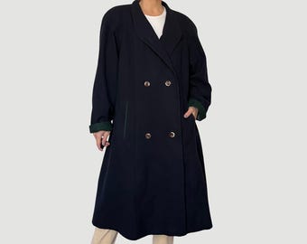 Vintage 90s Austrian Double breasted Wool Long Coat - Original Tirol Loden blue overcoat - Size L/XL