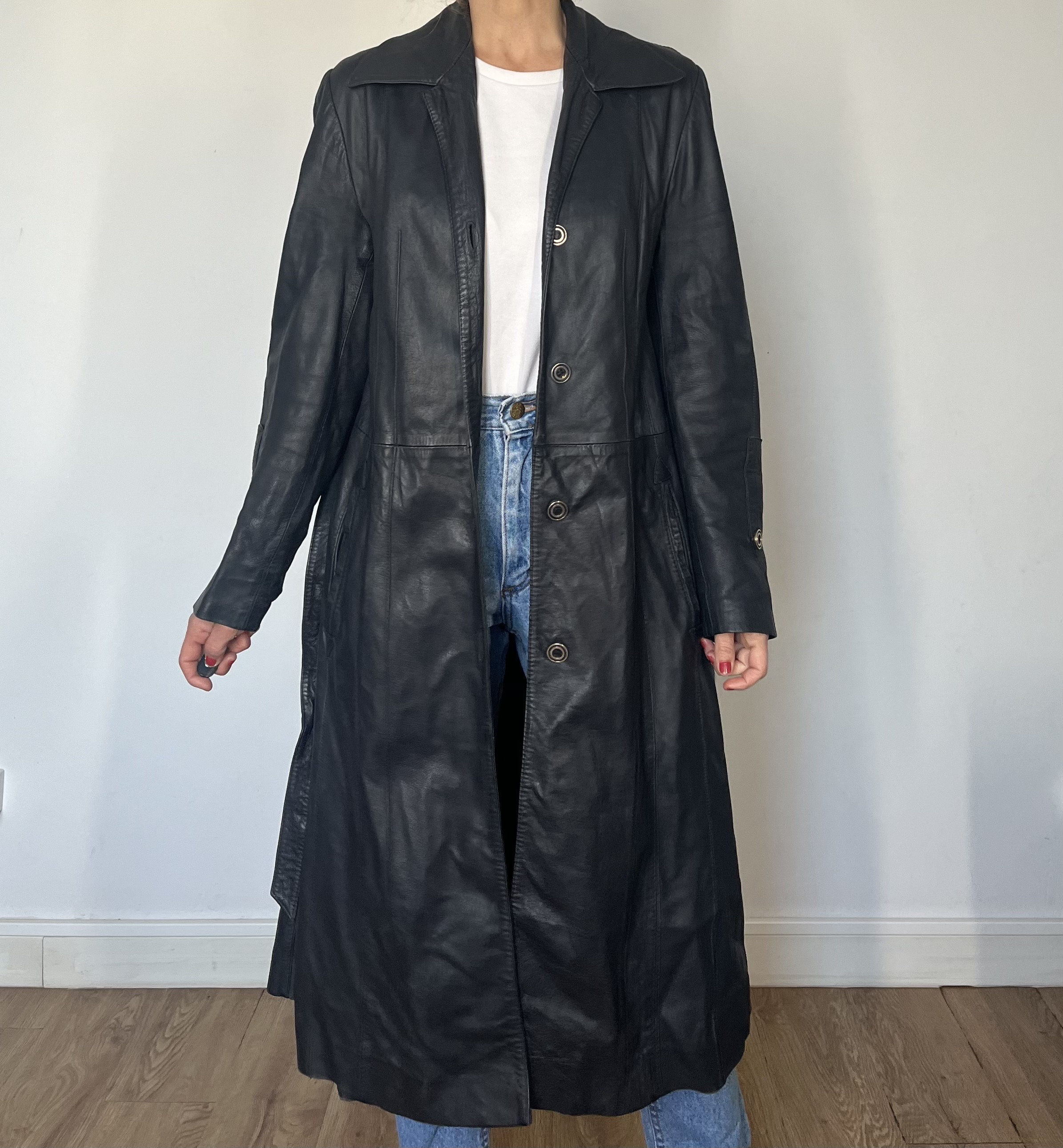 【希少品】Vintage Leather Long Trench Coat Women's Vintage 1940s Horsehide Leather Trench Coat Size M (12-14