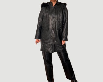 Vintage 1980s Black Leather Hooded Parka - Oversized Bomber Coat Size M