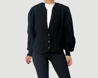 Vintage Wool Cable Knit Cardigan - Austrian Black Crop Sweater - L/XL