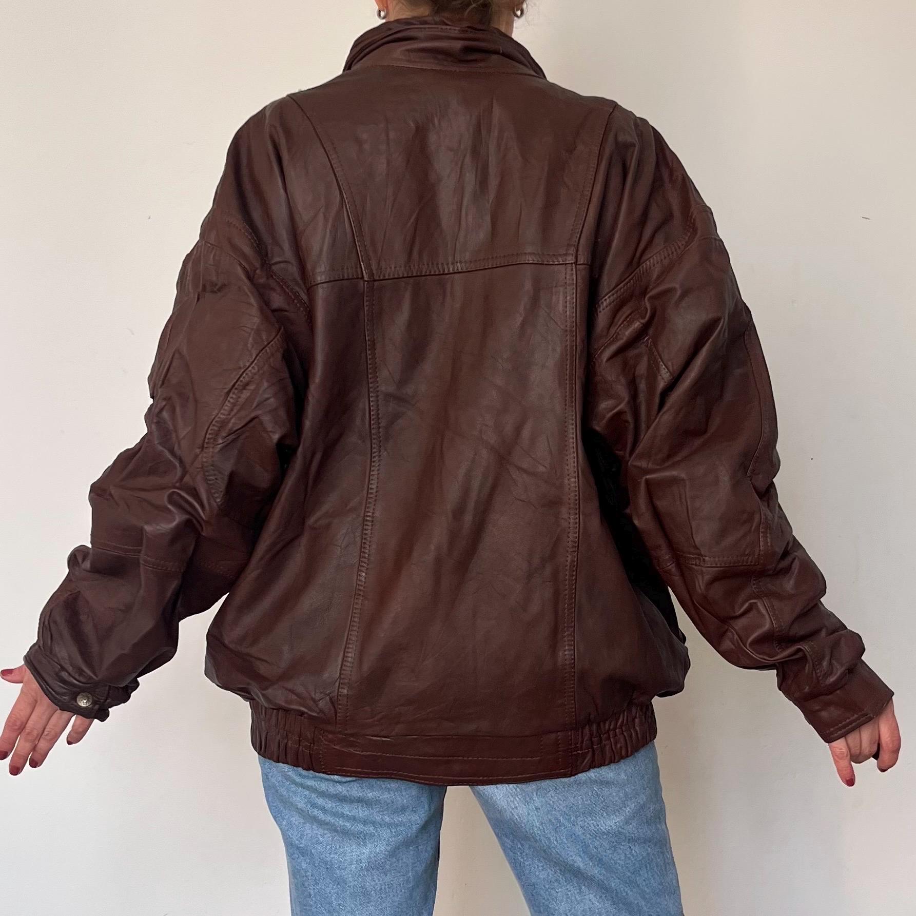 Vintage 80s Brown Leather Bomber Jacket: Oversized Crop Motorcycle