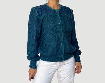Vintage Woman Mohair Cardigan - blue & turquoise Sweater - Puffy sleeves cardigan - 1990s - Size M - Excellent Vintage Condition
