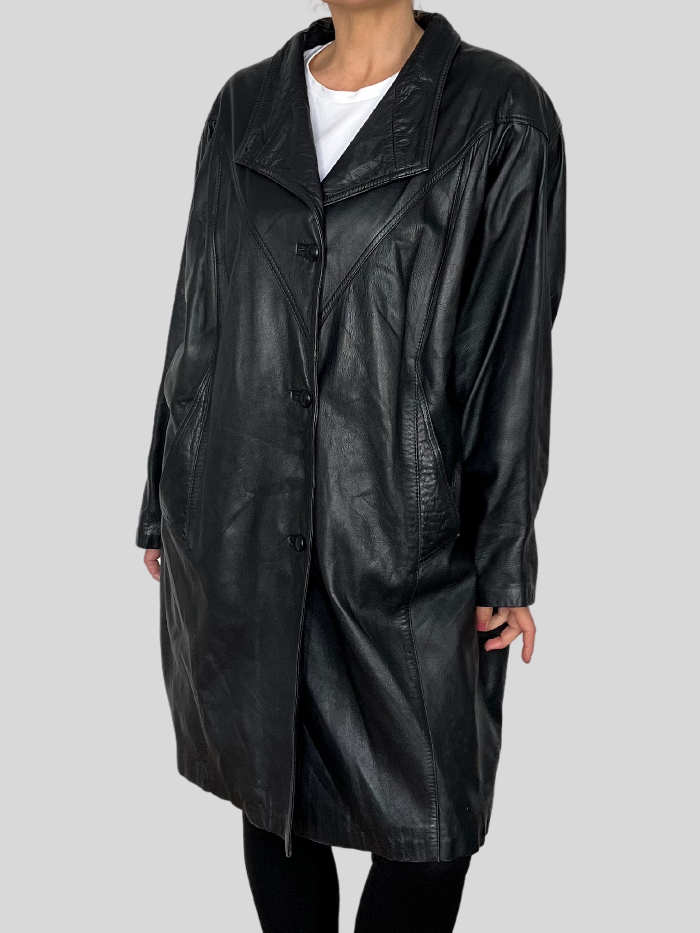 Vintage Woman Black Long Leather Jacket Overcoat Long Avant Etsy