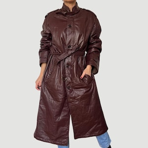 Vintage Burgundy Leather Trench Coat: Avant Garde Overcoat, Size XL