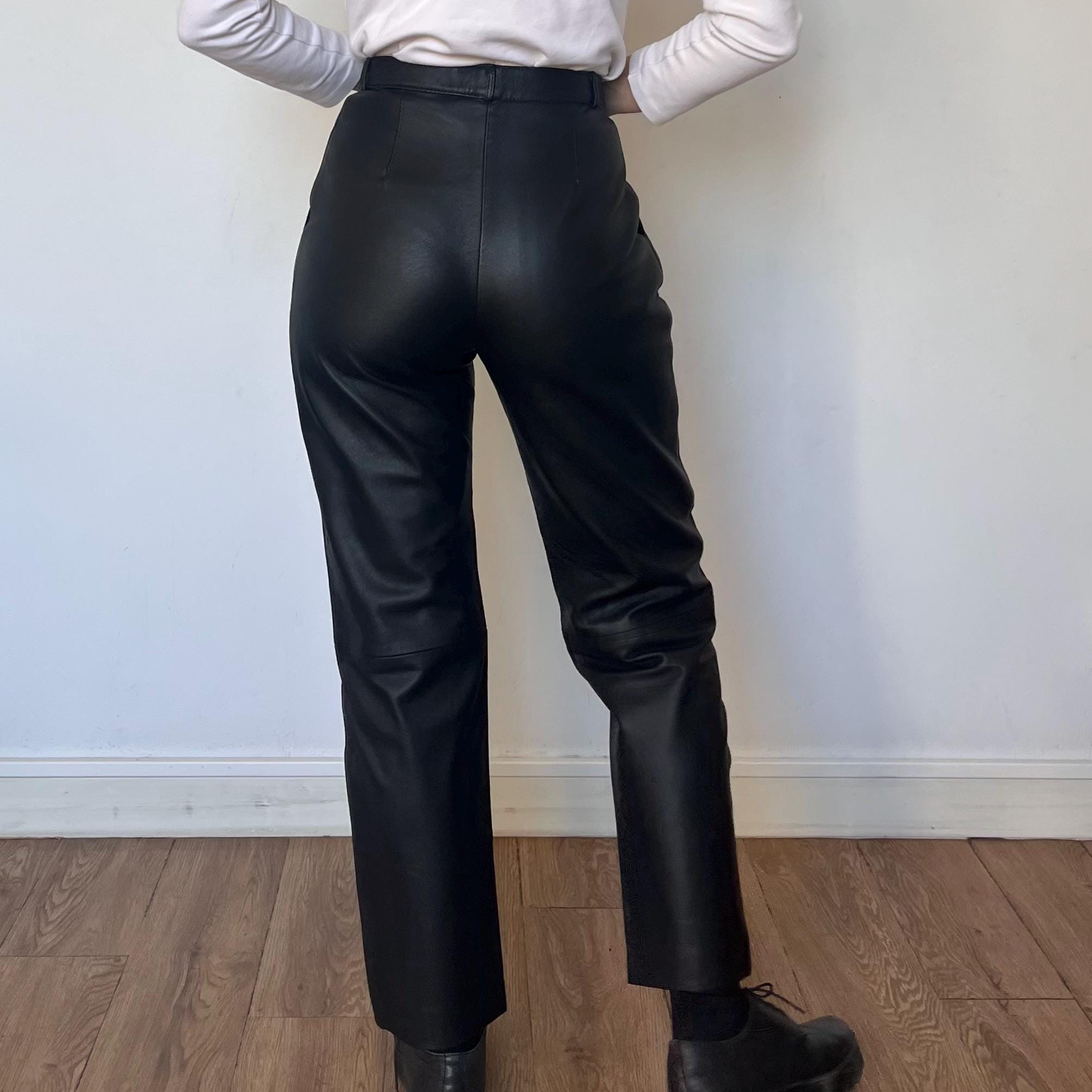 Vintage 90s Black Leather Trousers - High Waist Biker Pants Size S