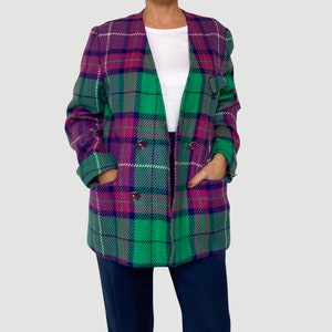 Vintage Wool Plaid Blazer: Fuchsia Green Purple, Size XL, 1980s