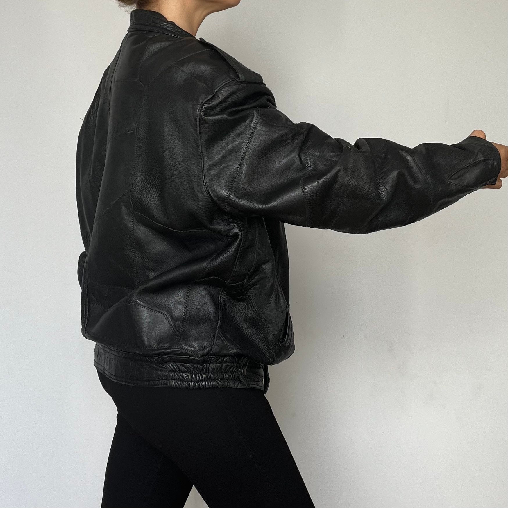 Vintage Patchwork Black Bomber Leather Jacket Woman Oversize Crop Bomber Leather Coat Man Motorcycle Biker Coat 1980s - Etsy Vintage Patchwork Black Bomber Leather Jacket Woman Oversize Crop Bomber Leather Coat Man Motorcycle Biker Coat 1980s - Etsy