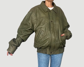 Vintage Old Stock Green Leather Bomber Jacket by Marco