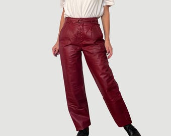 Vintage 90s Burgundy Leather Trousers - High Waist Biker Pants Size S