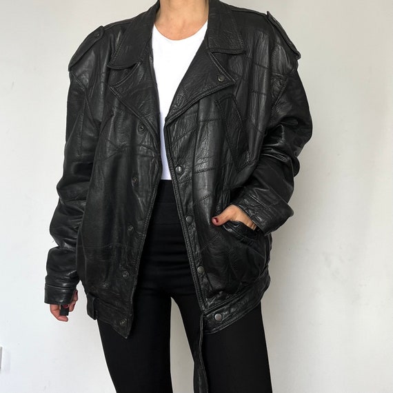 Vintage 1980s Patchwork Black Leather Bomber Jack… - image 8