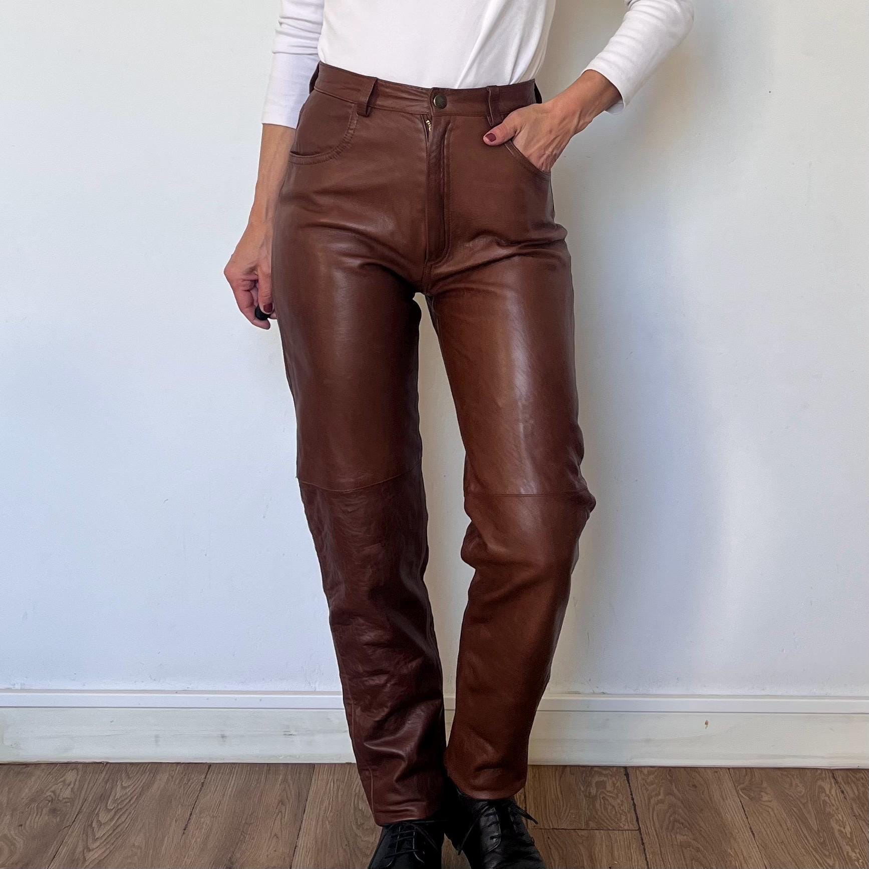 Vintage Brown Leather Trousers: 1990s High Waist Biker Pants