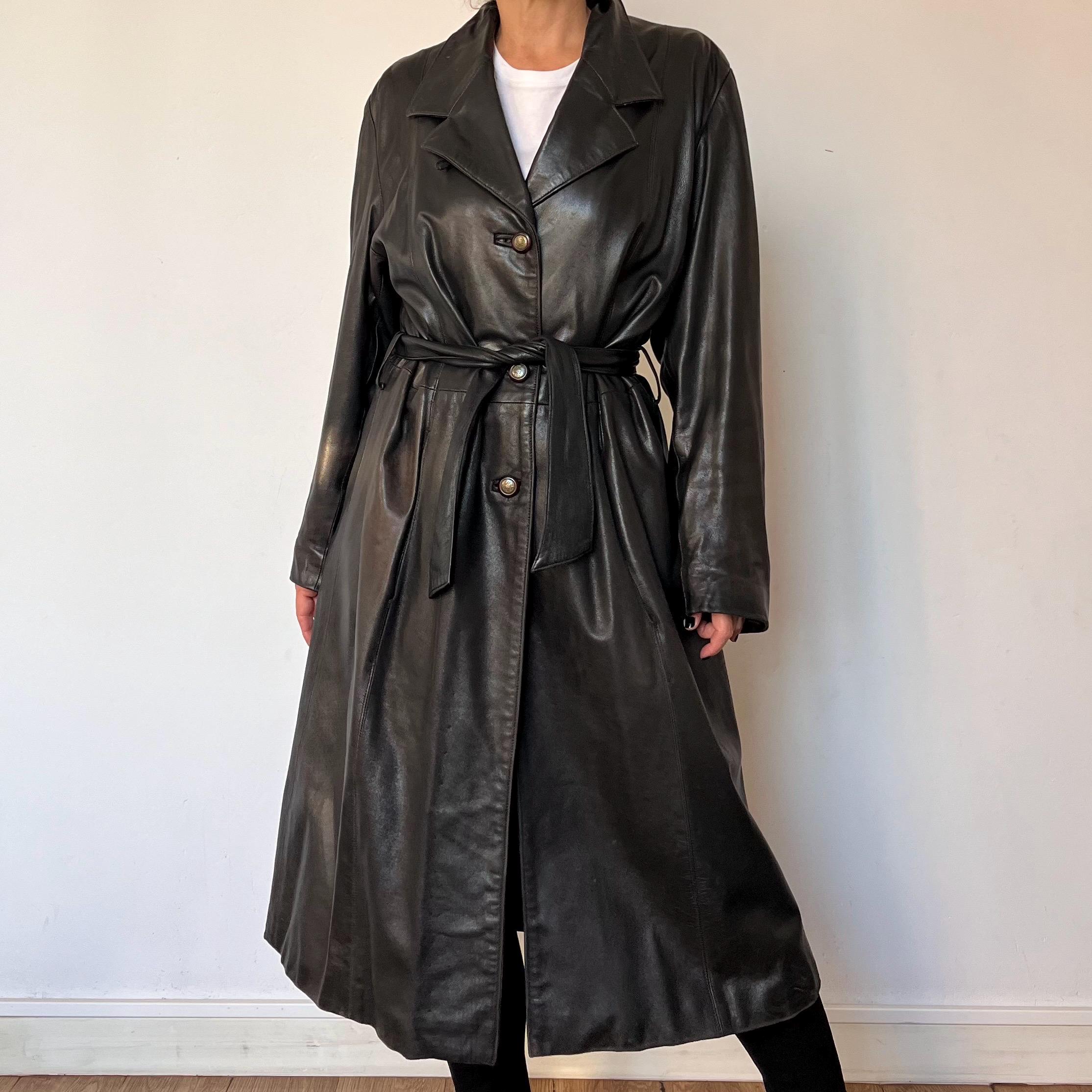 Vintage 90s Dark Brown Leather Trench Coat - Fitted Long Jacket
