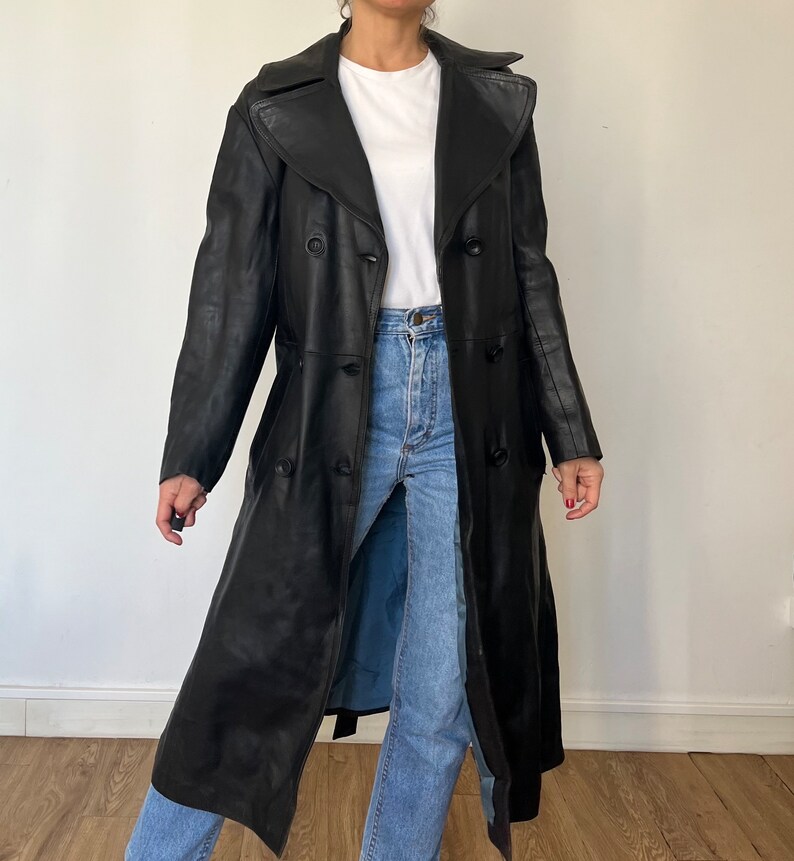 Vintage svart lädertrenchcoat: Avant Garde-överrock, storlek M/L bild 2