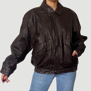 Vintage 80s Brown Leather Bomber Jacket - Oversized Motorcycle Coat, Size L