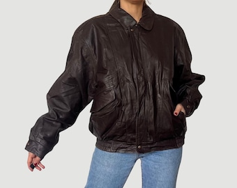 Giubbotto bomber in pelle marrone vintage anni '80 - Cappotto da motociclista oversize, taglia L