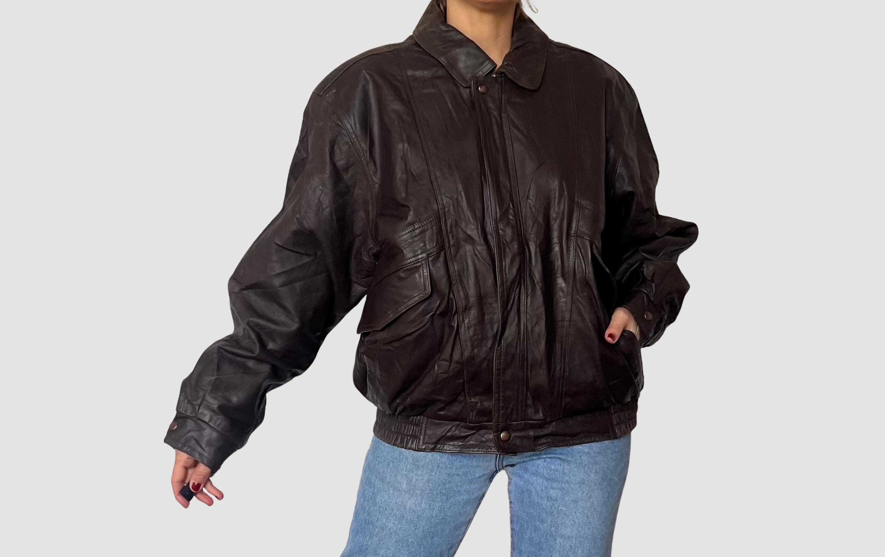 Vintage 80s Brown Leather Bomber Jacket - Oversized Motorcycle