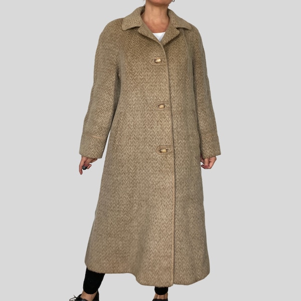 vintage Woman Beige Llama Long Coat par Sannwald - Luxury Herringbone Maxi Overcoat - Winter Oversize High Quality Coat - années 1980 - Taille S/ M