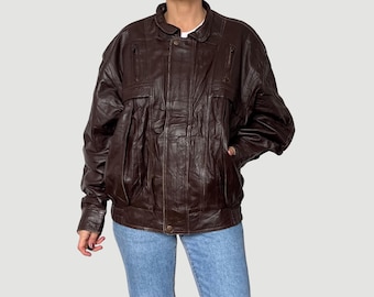 Vintage 80s Brown Leather Bomber Jacket: Oversized Burgundy Motorcycle Coat (L/XL)