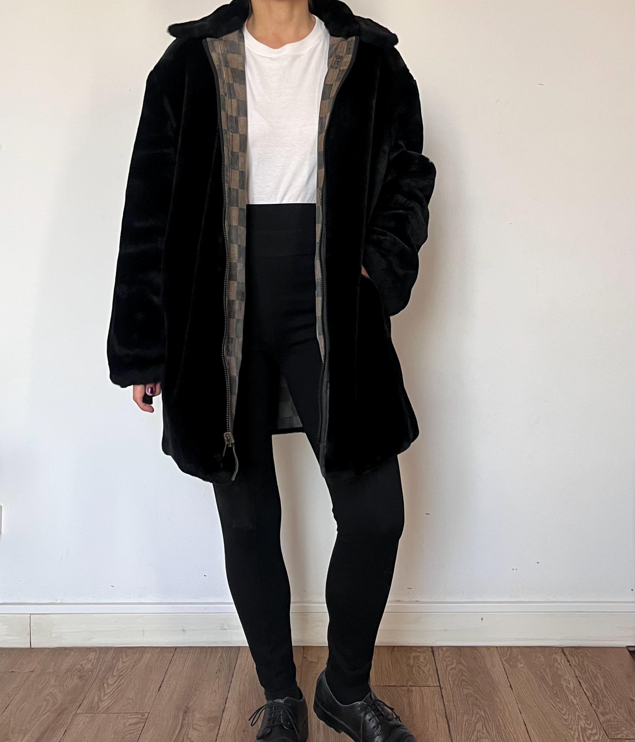 美品 FENDI super long coat ナイロン ブラック 131cm Vintage 90s FENDI Reversible Faux Fur Coat – Black & Checkered