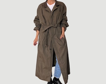 Vintage Green Long Trench Coat with belt - Oversized cotton Trench coat - Military trench coat - Made in Germany trench - Size XL/XXL - 90s