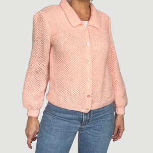 Vintage Woman Pink  Wool Cardigan - Hand knit Rose gold Sweater - Puffy sleeves cardigan - 1990s - Size XS/ S - Excellent Vintage Condition