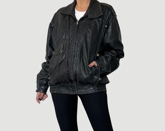 Vintage 80s Brown Leather Bomber Jacket: Oversized Sheepskin Moto