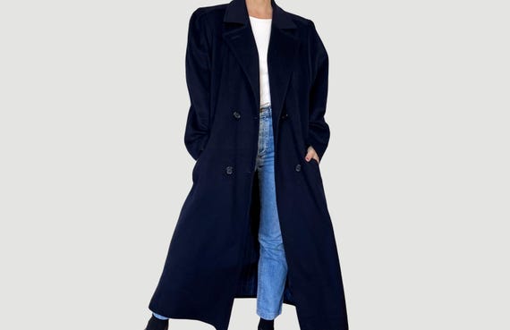Vintage 90s Cashmere Wool Long Coat - Oversized Woman Dark Blue