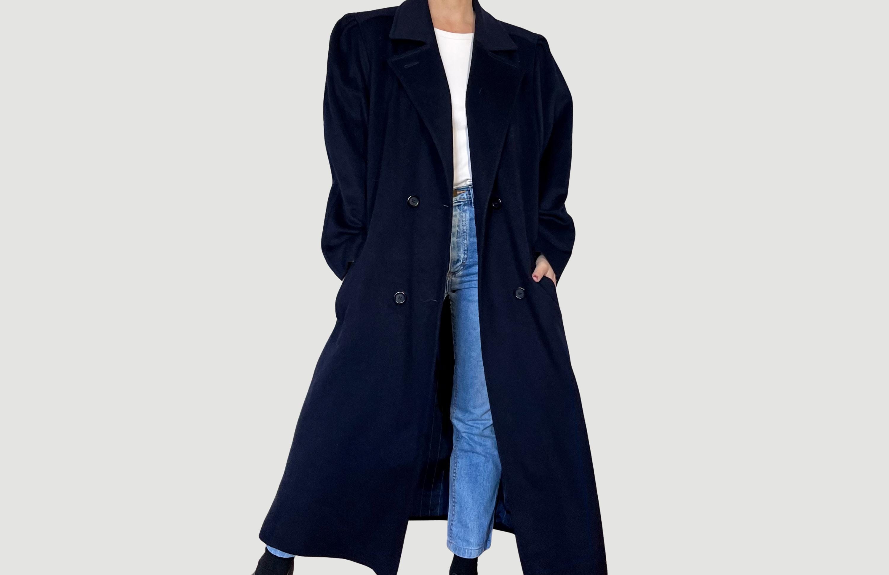 Vintage 90s Cashmere Wool Long Coat - Oversized Woman Dark Blue