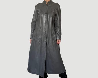 Vintage grijze leren overjas: avant-gardegeul uit de jaren 90 (maat S/M)