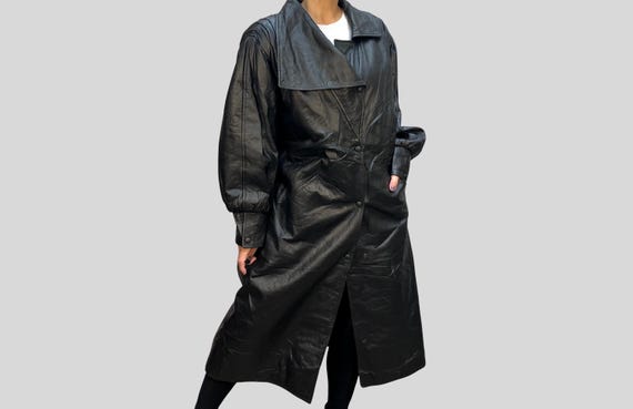 Vintage Black Leather Overcoat: 1990s Avant Garde Trench Coat (Size L)