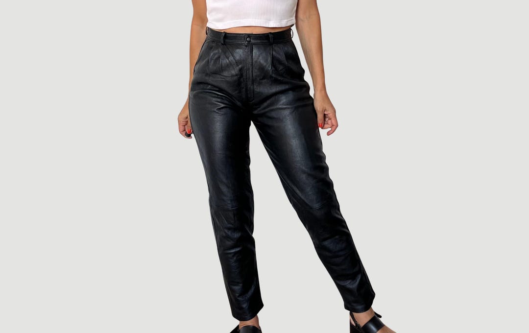 Vintage 90s Black Leather Trousers: High Waist Skinny Pants, Size
