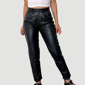 Vintage Woman Black Leather Trousers - Genuine Leather Rocker Pants - High waist skinny leather pants - Size S - 1990s