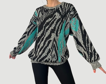 Maglione vintage in cotone da donna - Pullover oversize unisex lavorato a maglia astratto turchese, grigio e nero - Taglia L - anni '90