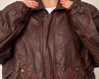 Vintage 80s Brown Leather Bomber Jacket: Oversized Crop Motorcycle