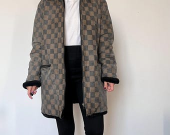Vintage 90s FENDI Reversible Faux Fur Coat – Black & Checkered