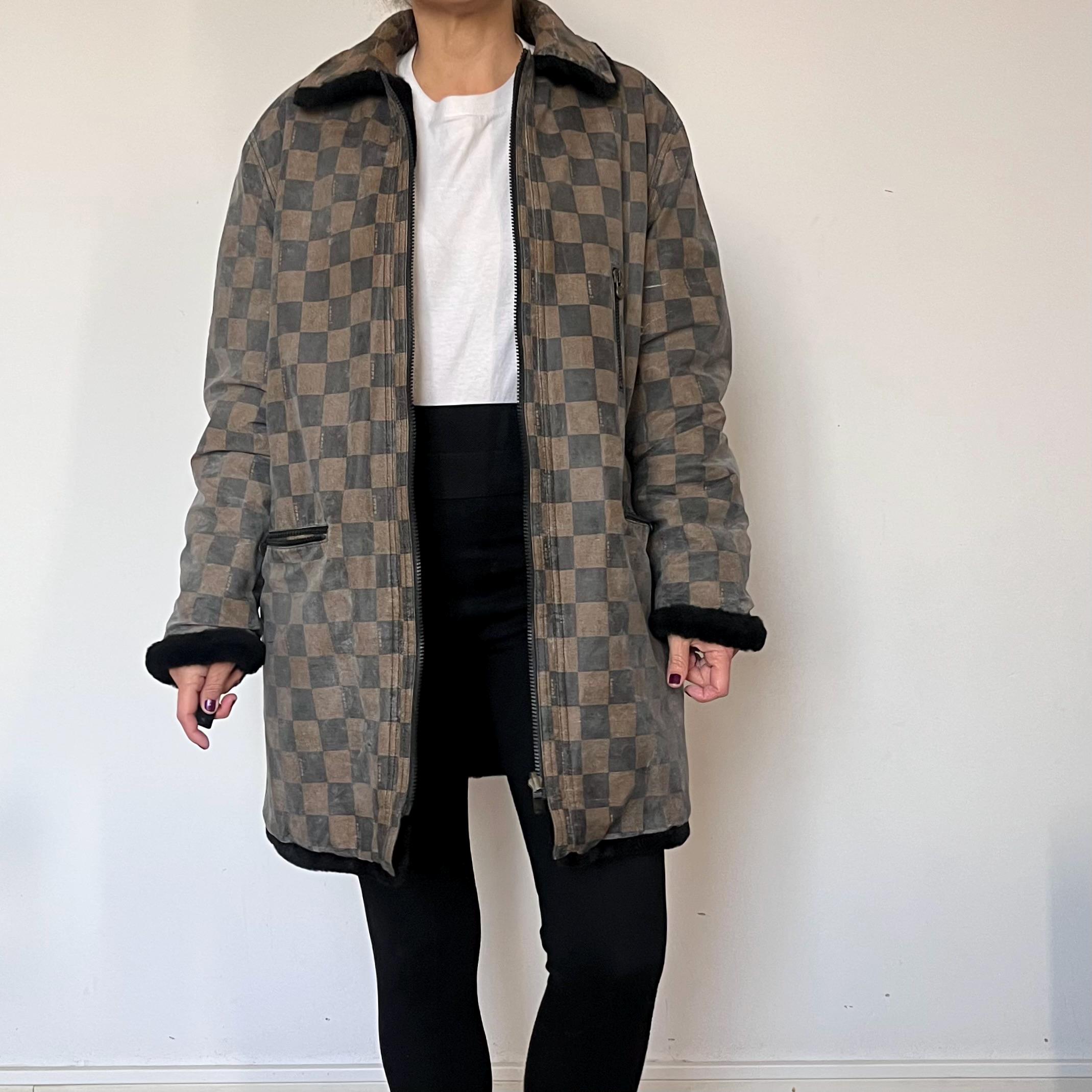 Vintage 90s FENDI Reversible Faux Fur Coat – Black & Checkered