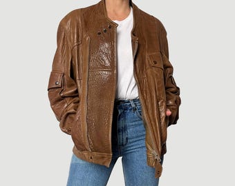 Giacca bomber vintage anni '80 in pelle marrone: giacca da motociclista oversize - Taglia L/XL